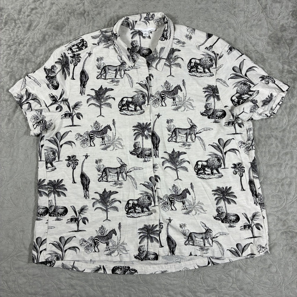 Jane Delancey Shirt Womens XL White Linen Blend Safari Animal Print Resortwear